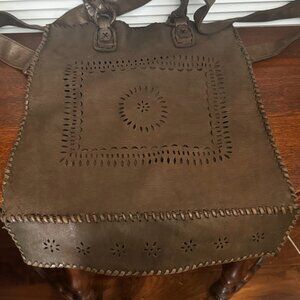 Ensbag 214 Boho Hand Cut Large Brown Suede Leather Crossbody Double Handles Bag